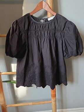 Astr Black Puff-Sleeve Eyelet Blouse